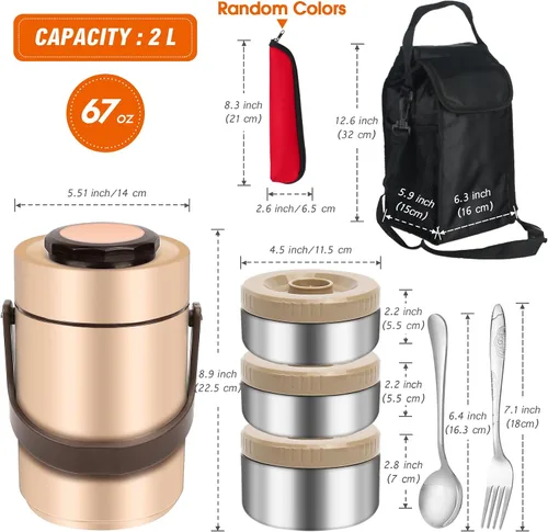Vista 6 de SSAWcasa Lonchera aislada de 3 capas para hombres, termos de sopa para adultos, contenedor aislado a prueba de fugas, contenedor de comida caliente