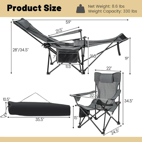 Vista 3 de GYMAX Silla de campamento, silla reclinable ajustable con reposapiés extraíble, almohada acolchada, portavasos y bolsillo lateral, silla plegable