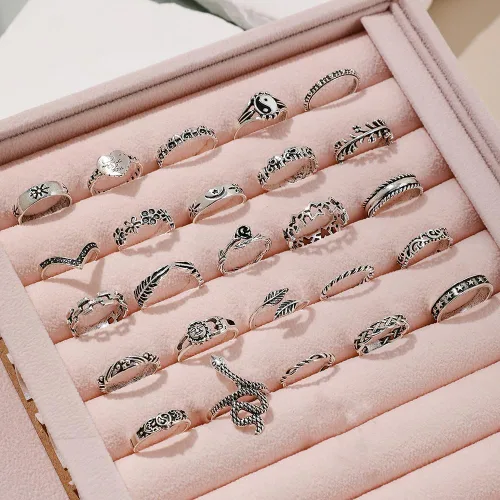 Vista 5 de Juego de anillos góticos para nudillos para mujer, anillos apilables negros y plateados, vintage para articulación de serpiente, estilo bohemio