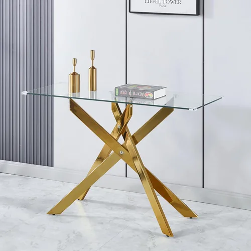 Vista 8 de Mesa de centro de cristal de 47 pulgadas, moderna tapa rectangular de vidrio templado con patas de metal con cruz dorada, mesa central de espacio