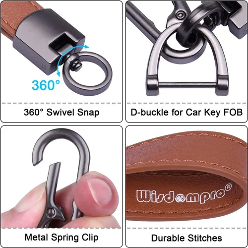 Vista 3 de Wisdompro Llavero de cuero genuino para automóvil, llavero universal de cuero para hombres y mujeres, giratorio en 360 grados, con anillo en D