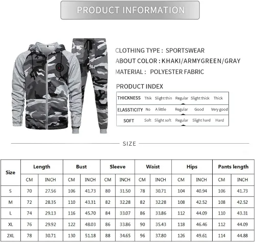 Vista 6 de Conjunto deportivo de 2 piezas con capucha para hombre, casual, cómodo, camuflaje, para hombre