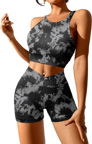 Vista 2 de JZC Conjuntos de entrenamiento para mujer, 2 piezas, acanalados, sin costuras, pantalones cortos de cintura alta, trajes de yoga