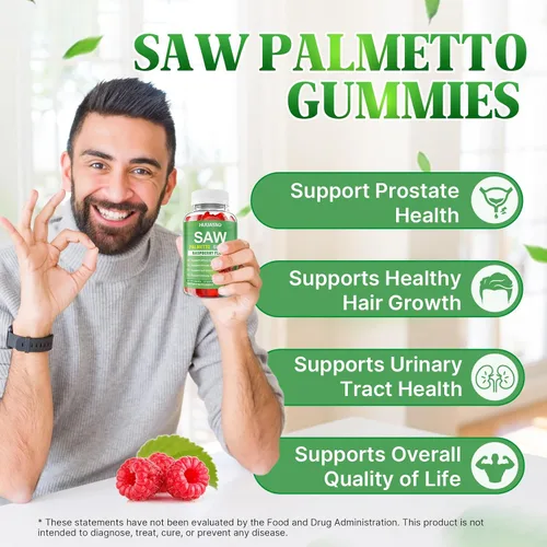 Vista 4 de Gomitas de palma enana americana Saw Palmetto Suplemento con aceite de semilla de calabaza, biotina, suplementos de salud para la próstata