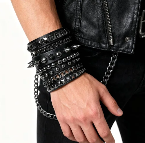 Vista 4 de Eigso Pulseras de cuero punk rock para hombres y mujeres, estilo retro, vintage, cadena de los años 80, para hombre y mujer