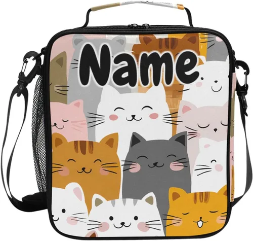 Vista 19 de Lonchera con patrón de cuadros blancos y negros, bolsa de almuerzo aislada, bolsa de preparación para niños, correa de hombro congelable a001
