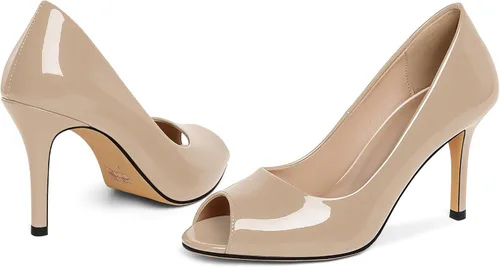 Vista 7 de Eldof Zapatos de tacón alto con punta abierta para mujer, con puntera abierta, para boda, sexy, para novia, clásicos, de 3.5 pulgadas Beige