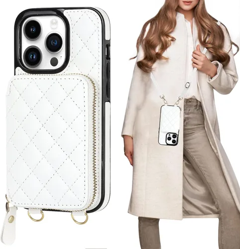 Vista 14 de Bocasal Funda tipo cartera cruzada para iPhone 14 Pro, con bloqueo RFID, de piel sintética, con cremallera, funda tipo cartera con función atril