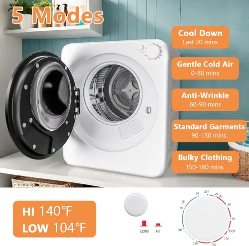 Vista 2 de DOGHLY Secadora de ropa eléctrica portátil de 120 V, secadora de ropa compacta de 800 W, fácil control, 1.6 pies cúbicos de carga frontal de acero