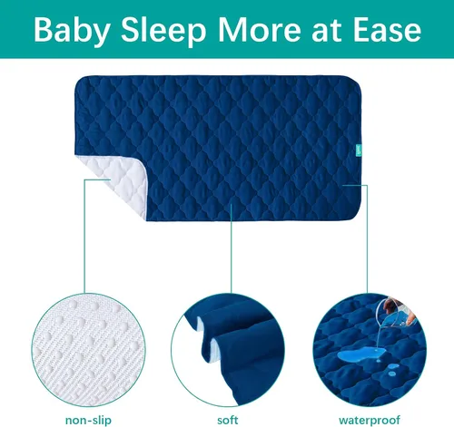 Vista 2 de Protector de colchón impermeable para cuna, 28 x 52 pulgadas, almohadilla acolchada antideslizante Navy, Quilted Waterproof Pad, Non-Slip Backing