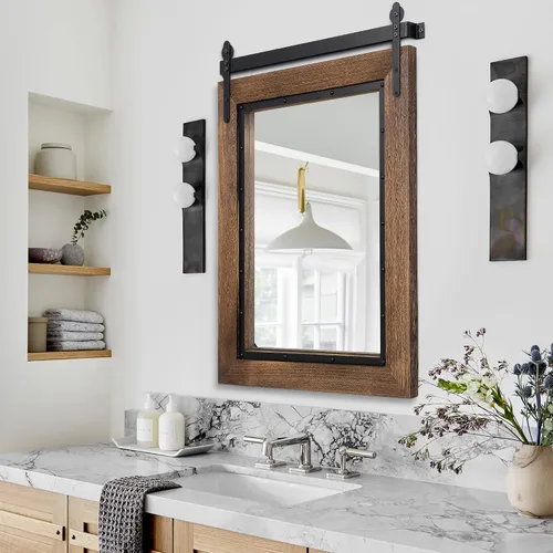 Vista 5 de Espejo de Puerta de Granero Estilo Granja, 32"x24" Espejo de Baño Rústico, Espejo de Pared con Marco de Madera, Espejo de Madera para Sala de Estar