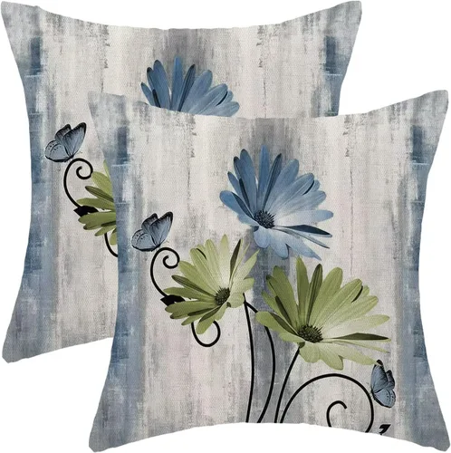 Vista 15 de Juego de 2 fundas de almohada florales de color salvia de 16 x 16 pulgadas, fundas de almohada decorativas con flores de margarita y mariposas