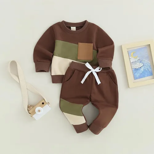 Vista 2 de BeQeuewll Ropa para bebé niño de otoño e invierno, 2 piezas, bloque de color, sudadera y pantalones con cuello redondo