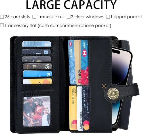 Vista 3 de Travelambo Cartera de mujer con bloqueo RFID triple embrague de gran capacidad para tarjetas de crédito, monedero de viaje