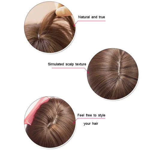 Vista 4 de Cubrecabello sintético de 14 pulgadas para pérdida de cabello, clip en pieza superior con flequillo de aire (estilo delgado, marrón)