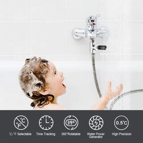 Vista 6 de Kavolet Pantalla de termómetro de ducha, termómetro digital LED de 0 ~ 212.0 °F para baño de bebé, pantalla Fahrenheit/centígrado, pantalla