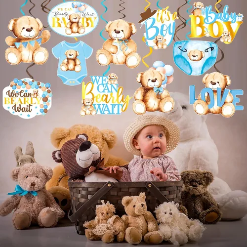 Vista 7 de 20 piezas de oso de peluche colgantes con diseño de remolinos We Can Bearly Wait Baby Shower Decoraciones It's a Boy Ceiling Swirl Bear Baby Shower