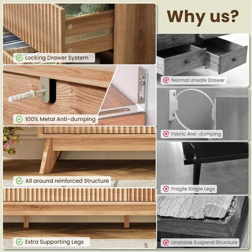Vista 6 de Cómoda acanalada con 9 cajones de 63 pulgadas de ancho para dormitorio, borde curvado, roble Wooden Closet Organizer for Bedroom,Fluted Dresser with