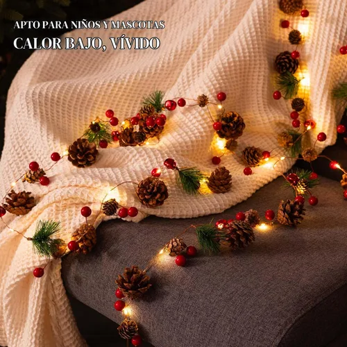 Vista 6 de Guirnalda de Navidad con luces, 6.7 pies, 20 luces LED de piña, funciona con pilas, guirnalda de Navidad con bayas rojas, guirnalda de luces