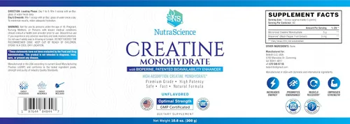 Vista 5 de NutraScience - Monohidrato de creatina en polvo con BioPerine, apoya el crecimiento y la recuperación muscular magra, 60 porciones, 5000 mg por