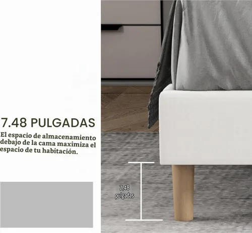 Vista 4 de Base de cama tapizada de tamaño individual con cabecero, listones de madera fuertes, no necesita somier, fácil montaje, terciopelo beige