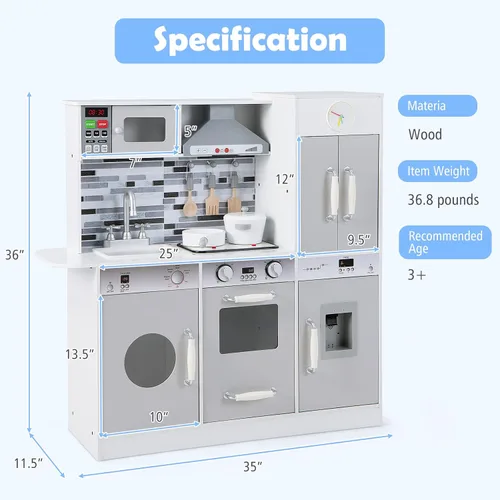 Vista 7 de INFANS Juego de cocina para niños, juego de cocina de madera con luz y sonido realistas, estufa, fregadero, microondas, armario de almacenamiento