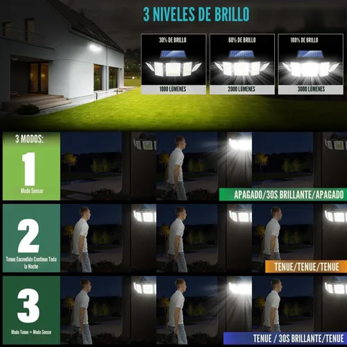 Vista 3 de Luces Solares para Exteriores Impermeables con Sensor de Movimiento - 416 LEDs 3000 Lúmenes Súper Brillantes 3 Niveles de Brillo 3 Modos 2400mAh