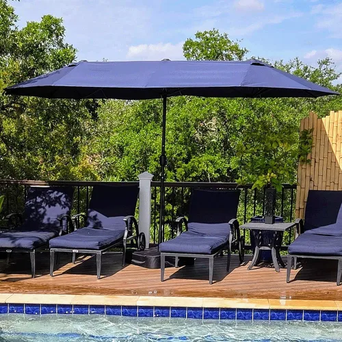 Vista 23 de PURPLE LEAF - Sombrilla de mercado de patio de 13 pies con base rectangular doble cara, sombrilla de mesa para exteriores con manivela, 12 varillas