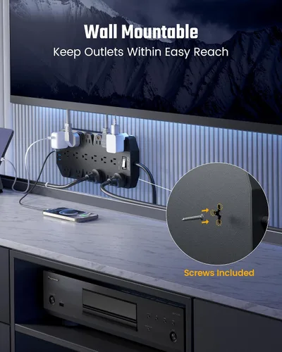 Vista 7 de SUPERDANNY - Regleta protectora de sobretensiones, 18 salidas de CA con 4 puertos USB, 1875W/15A, 2100J, cable de extensión de enchufe plano Negro