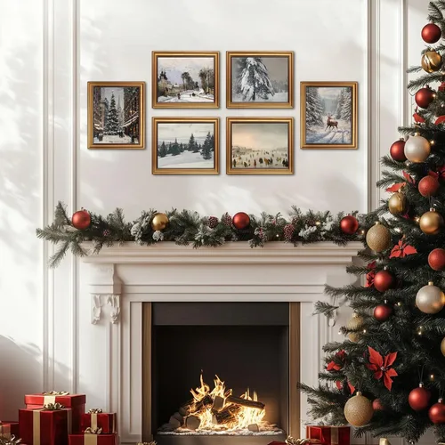 Vista 2 de Hwetui Juego de 6 Pósteres de Arte de Pared de Lienzo Navideño Vintage, Cuadros de Reno y Árbol Invernal Decoración de Pared, Pinturas de Paisajes
