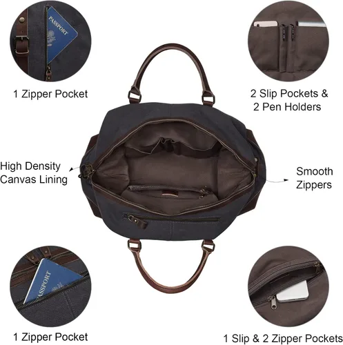 Vista 29 de S-ZONE - Bolsa de viaje de lona sobredimensionada con adornos de cuero genuino, bolsa deportiva de hombro de fin de semana, bolso de fin de semana