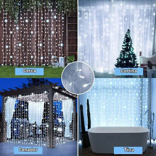 Vista 2 de Luces de cortina solares para exteriores, 300 luces LED en forma de cascada, 8 modos, control remoto, luces impermeables para cascada, para cenador