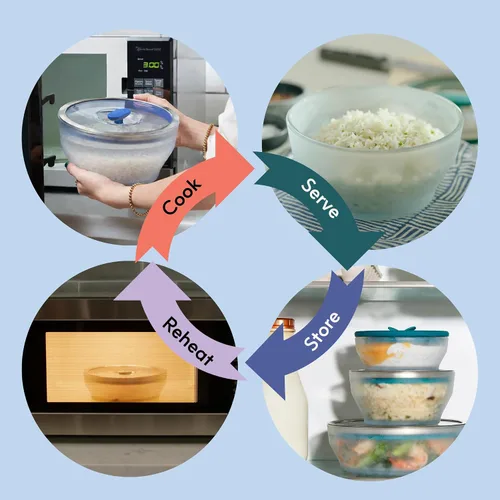 Vista 7 de Anyday Envase de almacenamiento de alimentos de vidrio de 7 tazas con tapa de vidrio, plato poco profundo redondo Preparación de comida sin