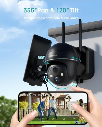Vista 2 de Cámaras de seguridad ZUMIMALL inalámbricas para exteriores - 2 paquetes, cámara inalámbrica para exteriores con vista de 360°, alimentación solar