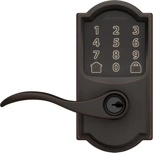 Vista 12 de Schlage Encode Smart WiFi Lock, manija de palanca, borde Camelot, bronce