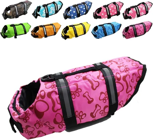 Vista 11 de Chaleco salvavidas para perros de fácil ajuste con cinturón ajustable para proteger las mascotas, traje de baño de seguridad para nadar con rayas