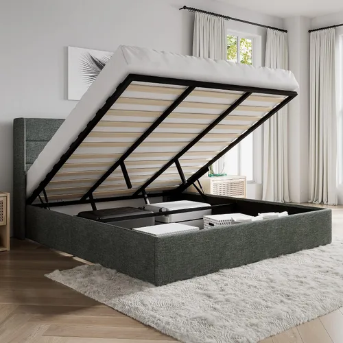 Vista 16 de SHA CERLIN Cama de Almacenamiento Elevable Tamaño Completo/Tapizada en Terciopelo/Cabecera Moderna Wingback/Marco de Cama Plataforma Negro