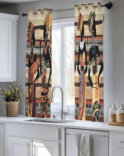Vista 8 de Cortinas traslúcidas históricas africanas de 39 pulgadas de largo, juego de 2 paneles de cortinas para cocina, dormitorio, sala de estar, puerta