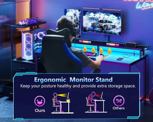 Vista 7 de AODK Escritorio para juegos de 52 pulgadas con puertos de carga USB y luz LED, escritorio reversible para computadora con estantes de almacenamiento