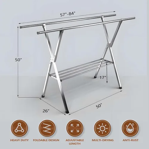 Vista 11 de JAUREE Tendedero de secado de ropa de 2 niveles, resistente para interiores y exteriores, de acero inoxidable, con 20 ganchos resistentes al viento