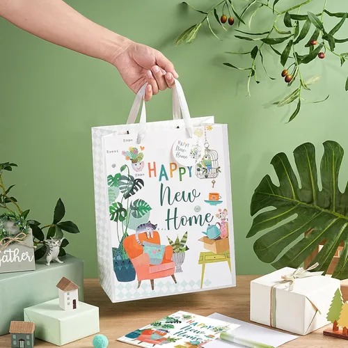 Vista 6 de Loveinside Bolsa de regalo para inauguración de la casa, diseño de hogar feliz con gato y plantas, bolsa de regalo de tamaño mediano con papel