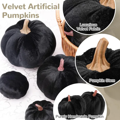 Vista 3 de Juego de 12 calabazas artificiales de terciopelo para Halloween, tela de cocina sintética de cosecha de otoño, espuma de granja, porche, mesa