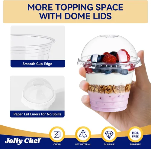 Vista 5 de JOLLY CHEF 200 juegos de vasos de plástico transparente de 9 onzas con tapas de cúpula y forros de papel, vasos de postre de plástico con tapas