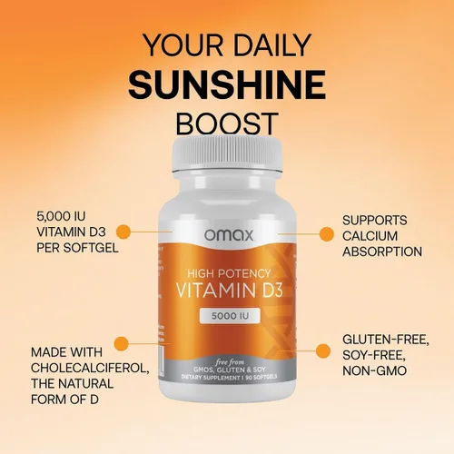 Vista 3 de Omax3 Vitamina D3 de alta potencia 5,000 UI (125 mcg) Huesos, músculos y articulaciones fuertes, salud cardíaca, inmunidad, sin OMG, sin gluten, sin