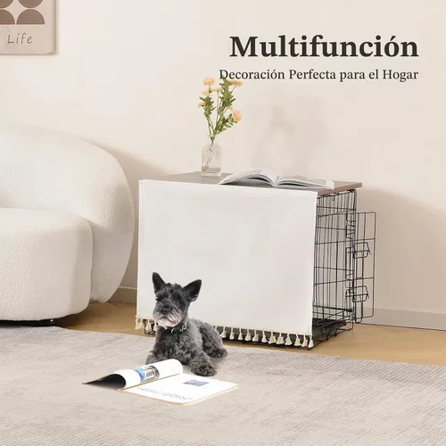 Vista 4 de VIE DE AMAN Cubierta para Jaula de Perros de Madera para Jaulas de 48, 42, 36, 24 pulgadas, Cubierta de Mesa con Cortina de Borlas, Cubierta de Gris