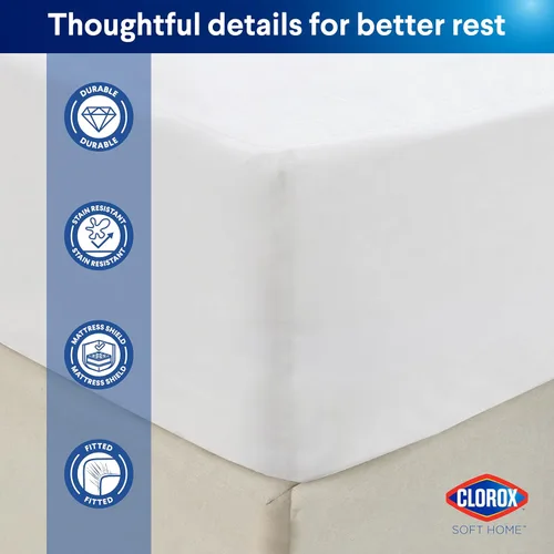 Vista 4 de Clorox Protector de colchón ajustable impermeable, vinilo impermeable, protección duradera contra derrames y manchas, cierre elástico, tamaño Queen