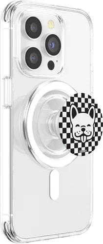 Vista 3 de PopSockets MagSafe PopGrip de cara sonriente a cuadros negros para iPhone