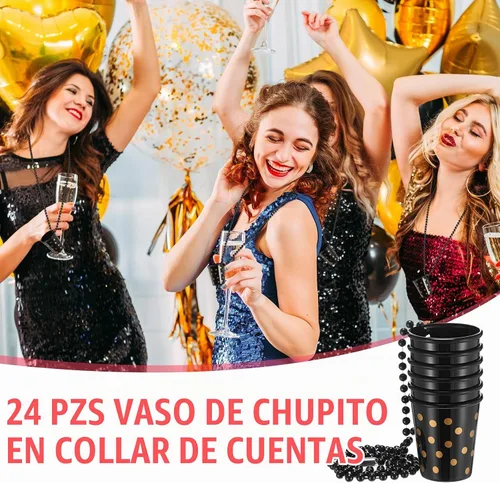 Vista 6 de Huquary Paquete de 24 Collares de Vaso de Chupito, Vasos de Chupito de Plástico en Collar de Cuentas, Collar de Cumpleaños de Plástico Negro