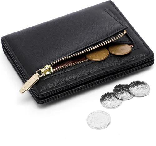 Vista 2 de Cartera pequeña para mujer con bloqueo RFID, cartera de bolsillo doble, cartera compacta y delgada para mujeres, carteras mini para mujeres, Negro