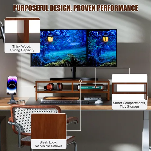 Vista 4 de Soporte elevador para monitor con almacenamiento, organizador de escritorio de 2 niveles y estante de madera de escritorio, soporte ergonómico